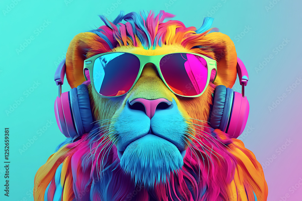 Fototapeta premium Vibrant and Colorful Lion Wearing Sunglasses and Headphones Against a Gradient Background