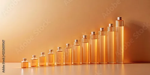 Fototapeta samoprzylepna Amber Glass Bottles Arranged in Ascending Order Against a Warm Background, Displaying a Gradual Increase in Size and Volume, Presenting a Visually Appealing Arrangement of Containers