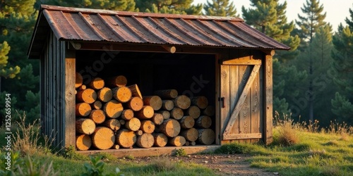 Rustic wooden woodshed filled with neatly stacked firewood logs, bathed in the warm golden light of the setting sun, nestled amongst a tranquil forest setting.
