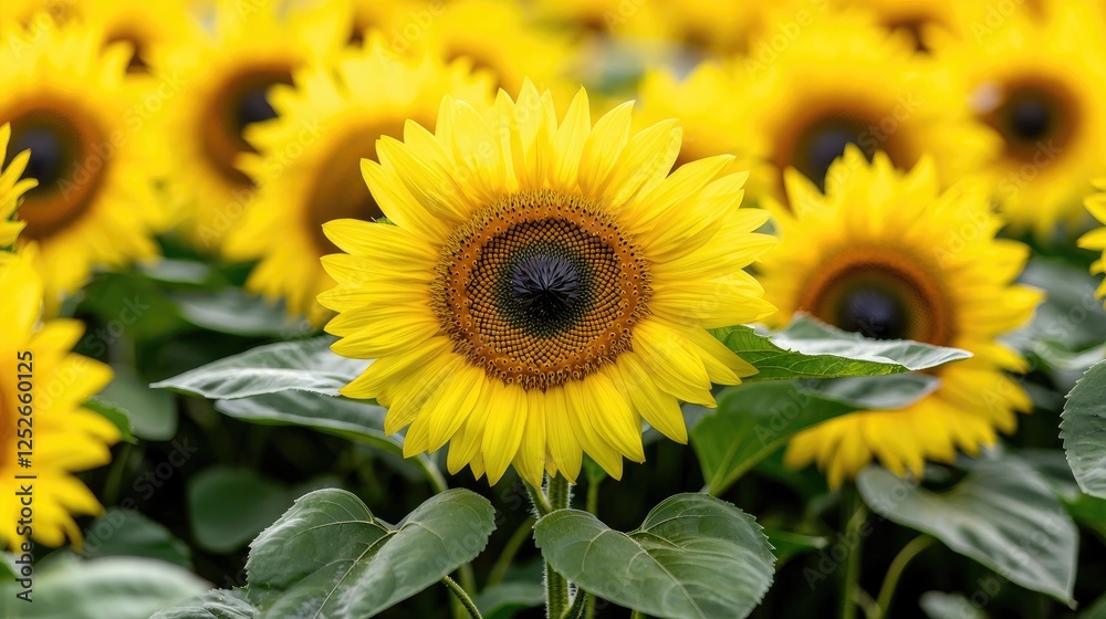 Fototapeta premium Field of sunflowers, bright yellow blooms, sunny day