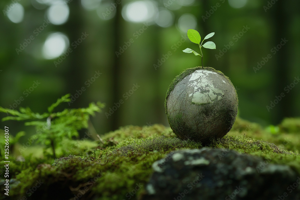 Globe On Moss In Forest, some the little fresh trees, green world and earth day concept, half horizontal copy space area Globe On Moss In Forest, some the little fresh trees, green world and earth day concept, half horizontal copy space area