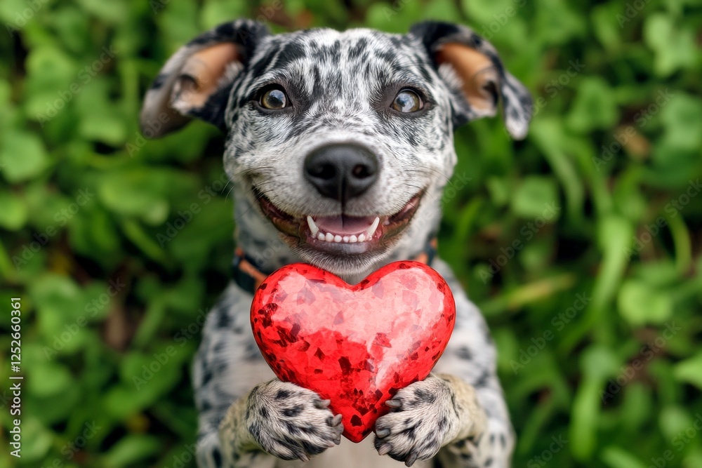 Cute catahoula leopard dog pooch with diamond red heart on a walk in a spring green space. Promotion critter picture art. Catahoula leopard dog - my beloved dog, symbol of friendship. Cute catahoula leopard dog pooch with diamond red heart on a walk in a spring green space. Promotion critter picture art. Catahoula leopard dog - my beloved dog, symbol of friendship.