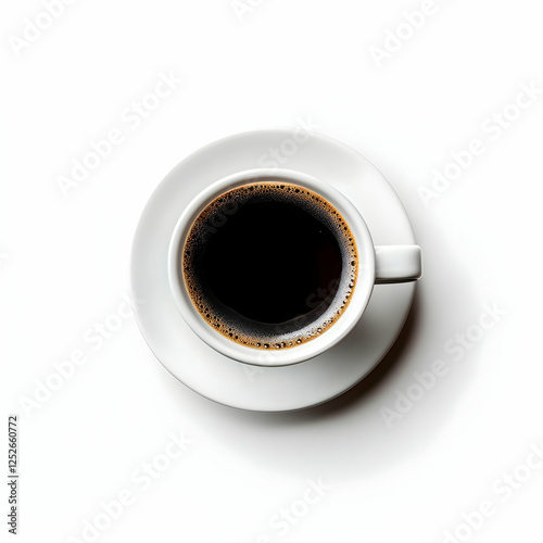 Top view black coffee cup saucer white background