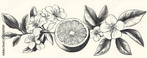 Orange blossom branch, fruit slice.  Botanical print