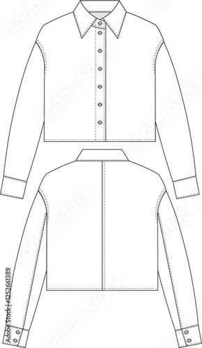 collared buttoned long sleeve short wide cropped crop shirt jacket  template technical drawing flat sketch cad mockup fashion woman design style model 
