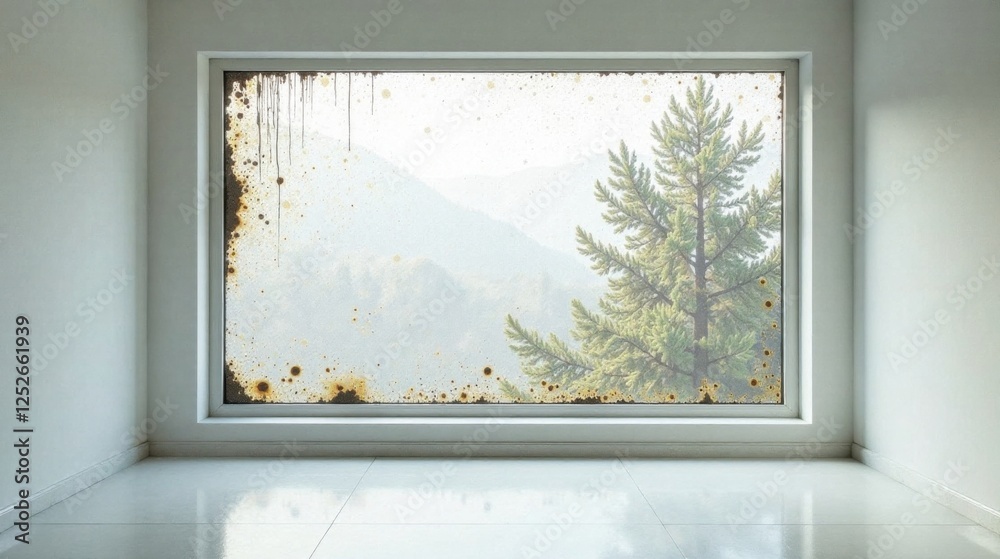A Room with a View Obscured by Stained Glass, Showing a Mountainous Landscape and a Coniferous Tree A Room with a View Obscured by Stained Glass, Showing a Mountainous Landscape and a Coniferous Tree