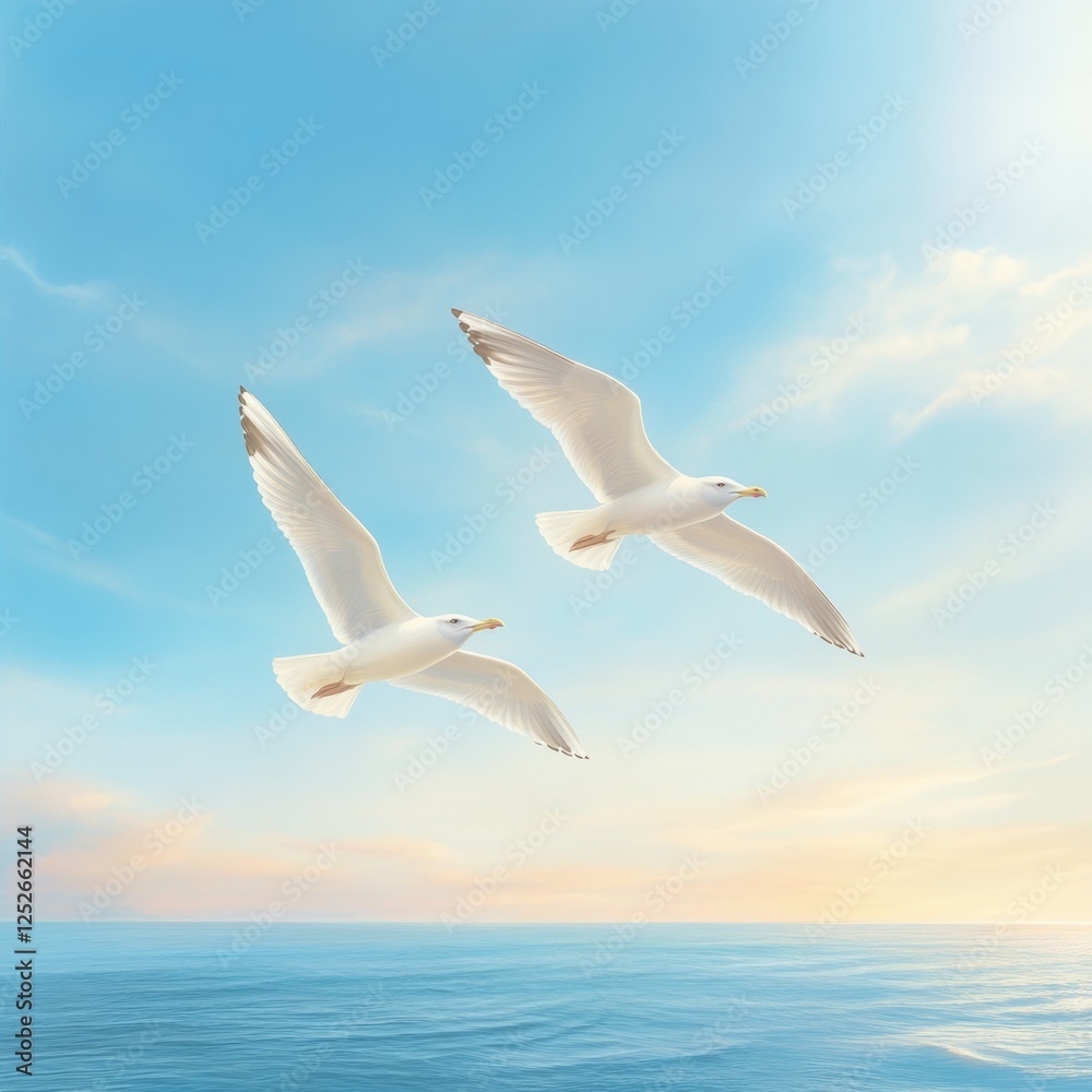 Fototapeta premium Pair of Seagulls Soaring Gracefully Over Calm Ocean Waters