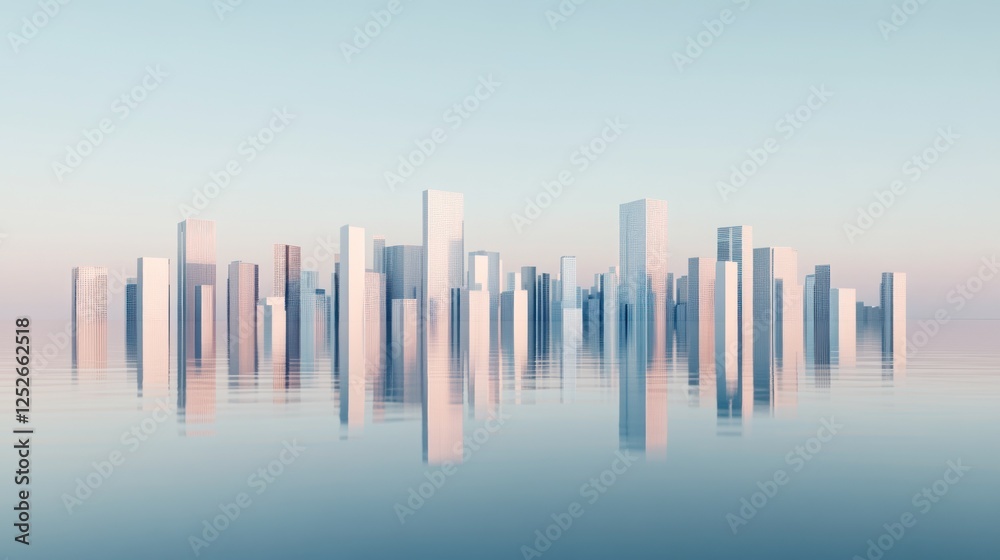 Fototapeta premium Calm city skyline reflection, peaceful morning, futuristic urban landscape, website banner