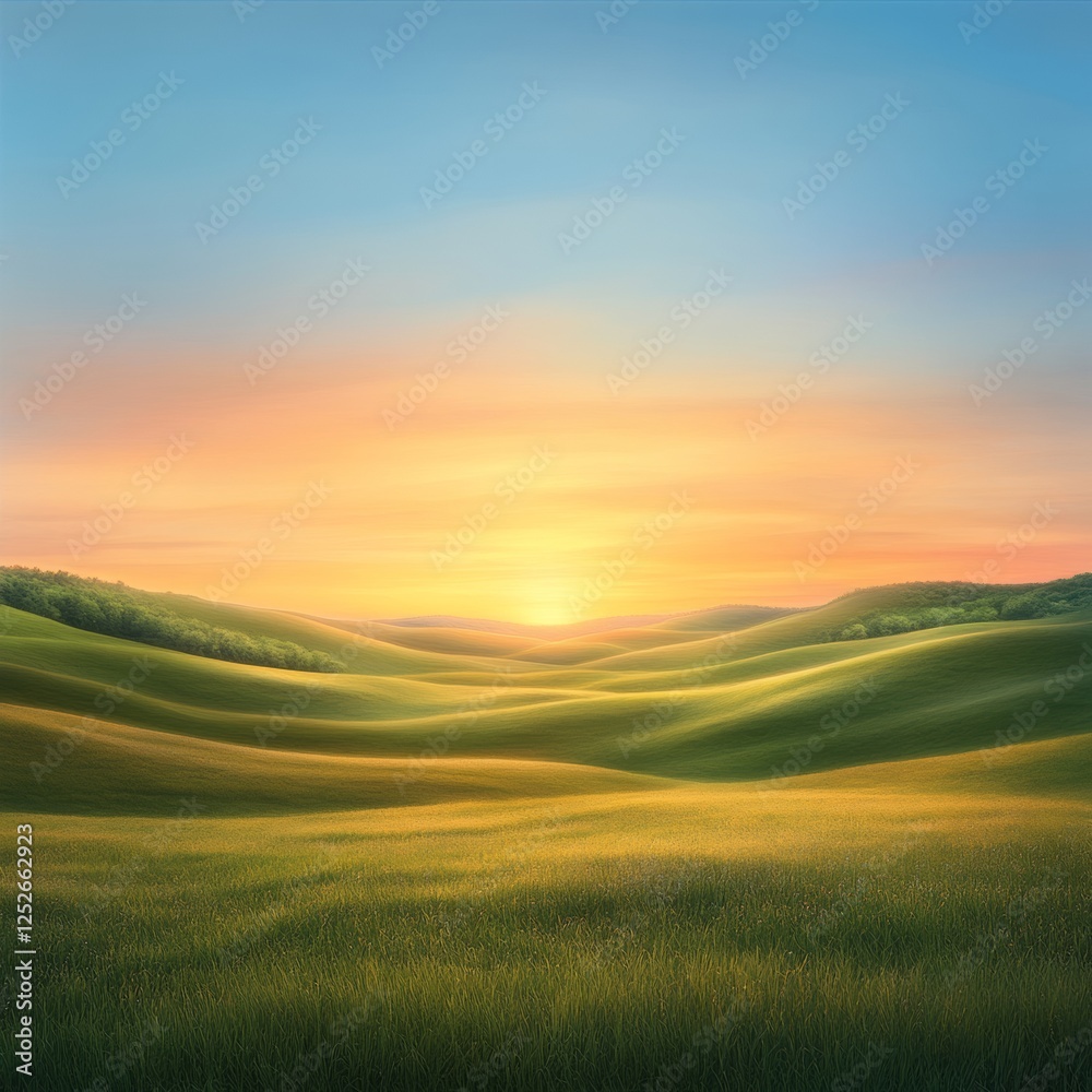 Soft Rolling Hills Under a Peaceful Sunset Glow in a Field Soft Rolling Hills Under a Peaceful Sunset Glow in a Field