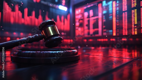 A gavel resting on a wooden block in a dimly lit auction room with digital displays