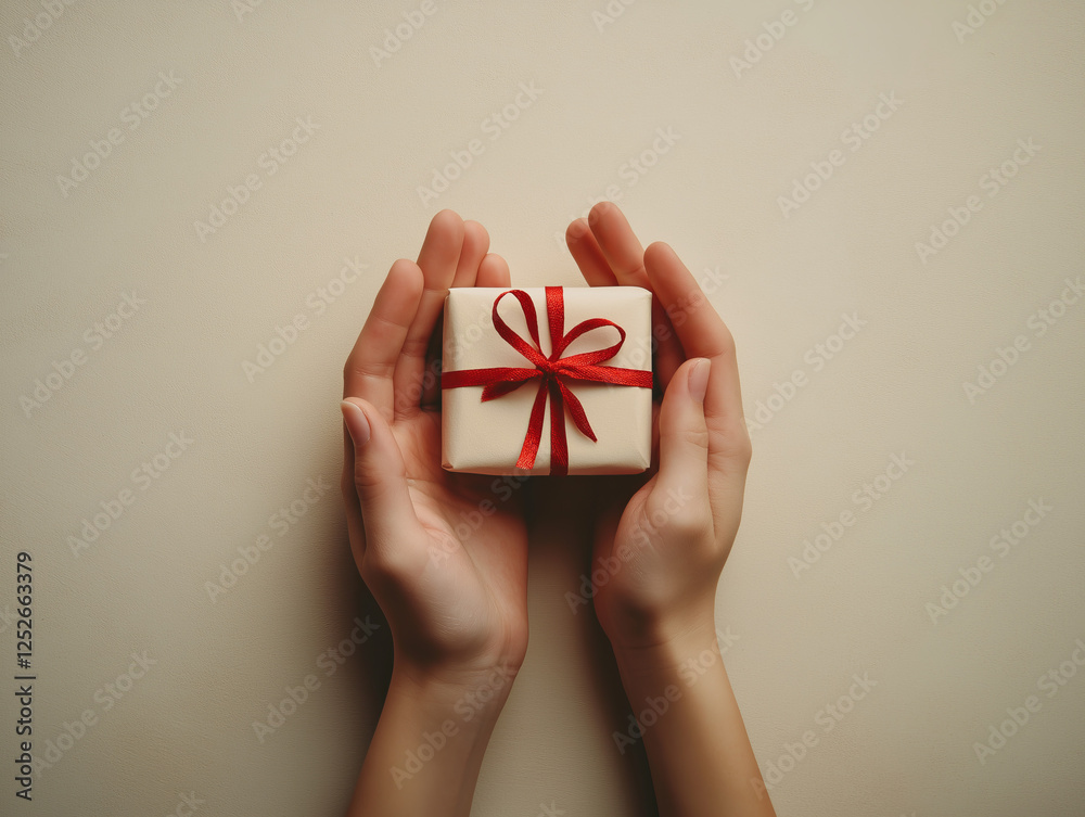 Delicate hands holding small gift with red ribbon, elegant surprise wrapped in beige paper, thoughtful present for special occasion or celebration Delicate hands holding small gift with red ribbon, elegant surprise wrapped in beige paper, thoughtful present for special occasion or celebration