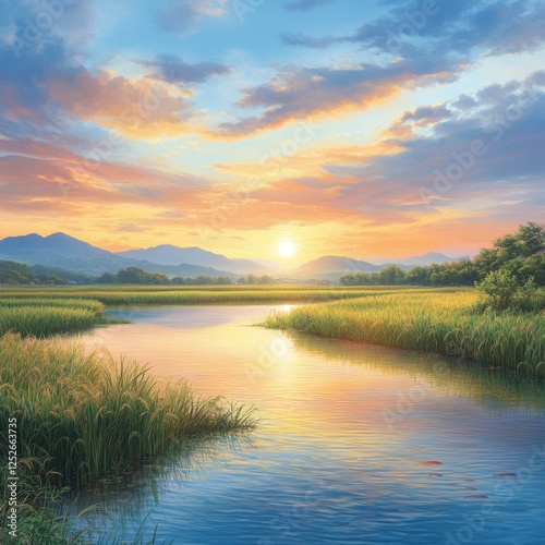 Serene Sunset Over Calm Water Beside Lush Rice Fields and Mountains