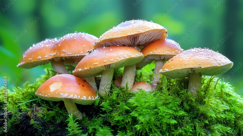 Fototapeta premium Dew Kissed Mushrooms Bright Colors Moss Covered Floor Scenic