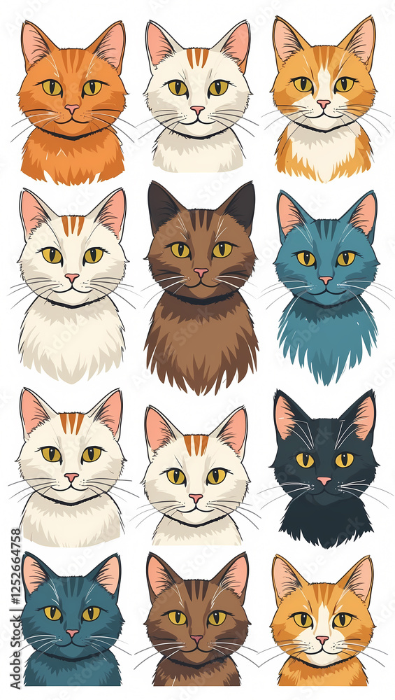 Collection of hand-drawn cat faces featuring different colors and patterns, arranged neatly on a white background, showcasing feline variety. Collection of hand-drawn cat faces featuring different colors and patterns, arranged neatly on a white background, showcasing feline variety.