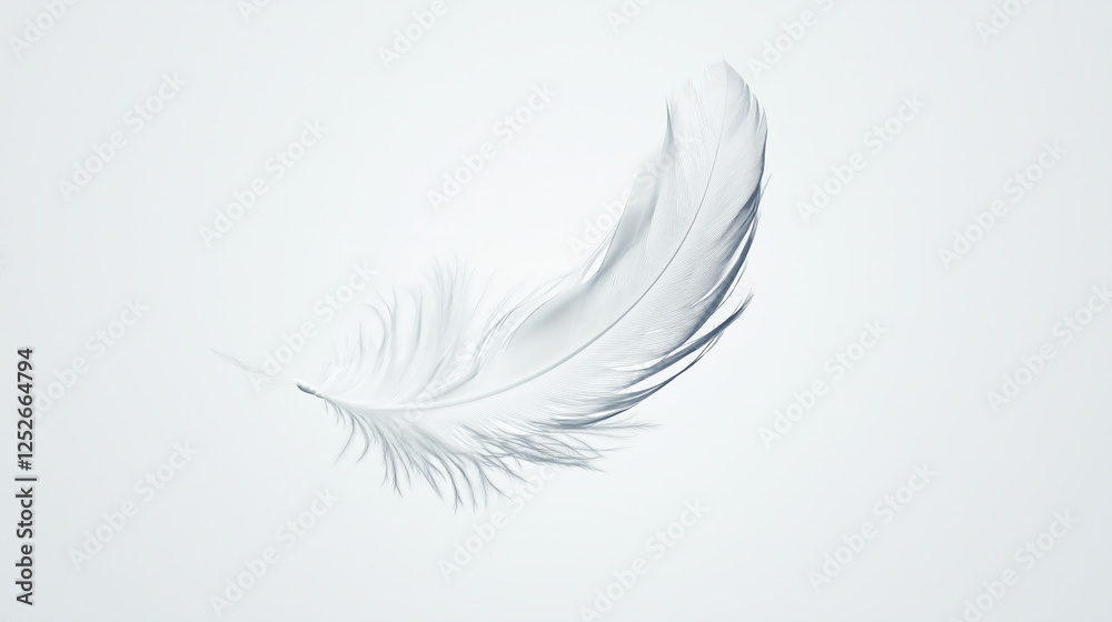 Delicate white feather floating in mid-air on a white background, symbolizing lightness, purity, and serenity Delicate white feather floating in mid-air on a white background, symbolizing lightness, purity, and serenity