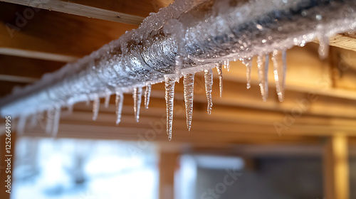 Frozen plumbing pipe with icicles hanging, showcasing winter conditions. image captures effects of cold weather on infrastructure, highlighting importance of insulation photo