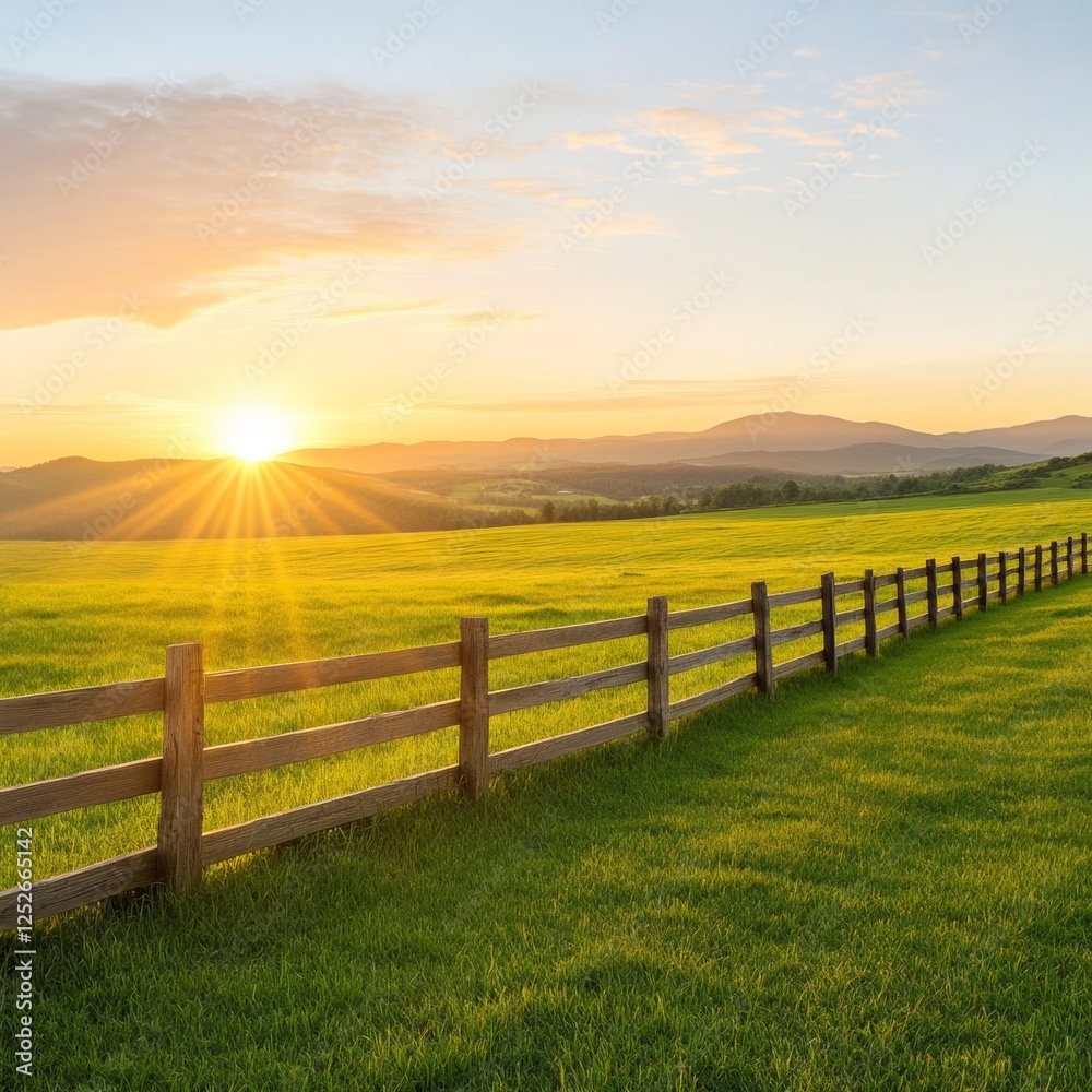 Obraz premium Serene Rustic Fence Alongside Lush Green Field at Sunset