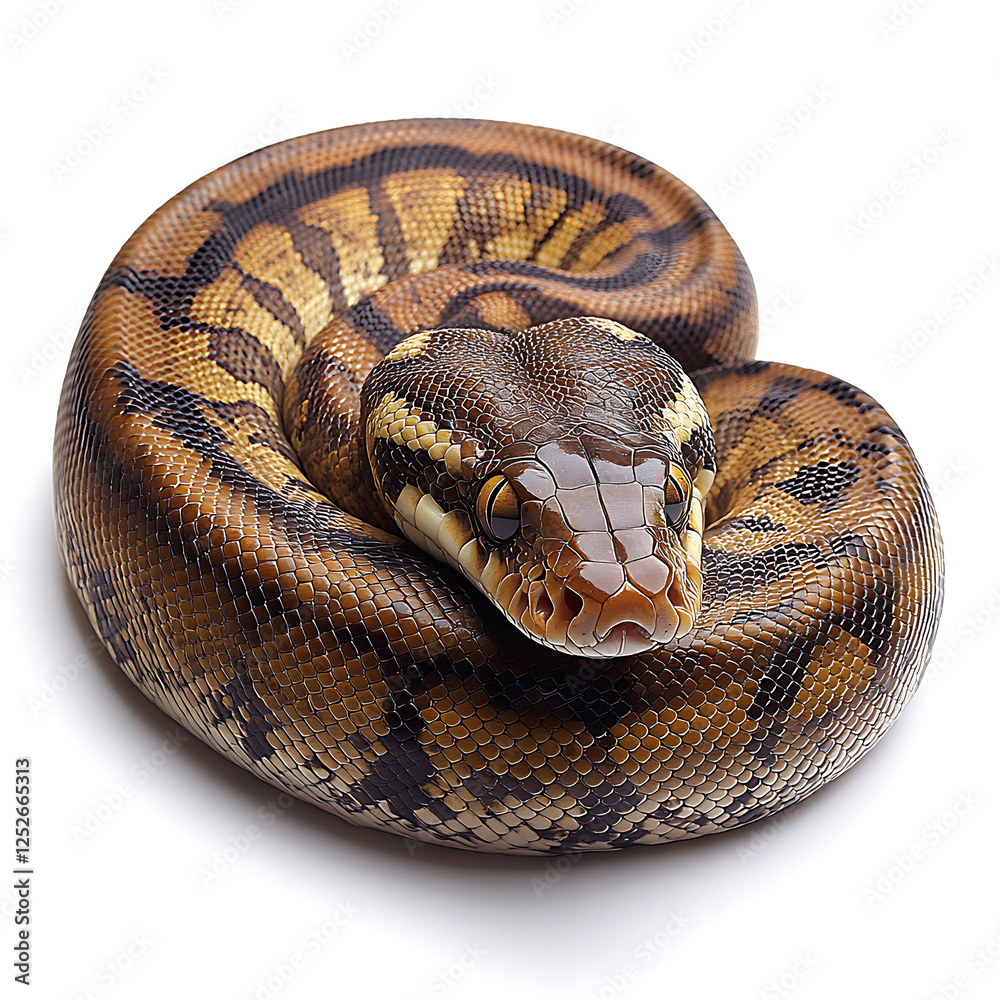 close up of coiled python with intricate patterns and colors, showcasing its smooth scales and striking features. This captures beauty of this reptile in detail close up of coiled python with intricate patterns and colors, showcasing its smooth scales and striking features. This captures beauty of this reptile in detail