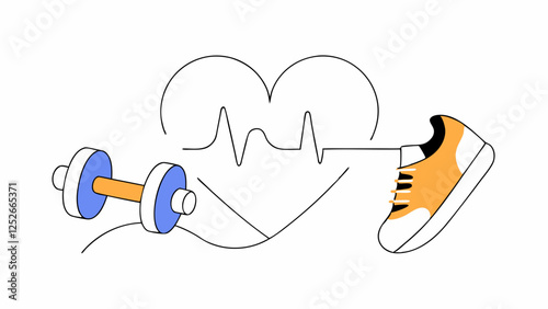 A simple line drawing features a heart shape with an EKG line running through it, accompanied by a dumbbell and a sneaker. The elements suggest themes of fitness and heart health.AI