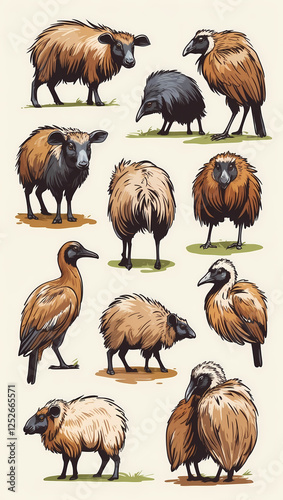 Unique hand-drawn illustration set: Fantastical creatures blending avian and ovine features, with a focus on artistic detail and unique design.