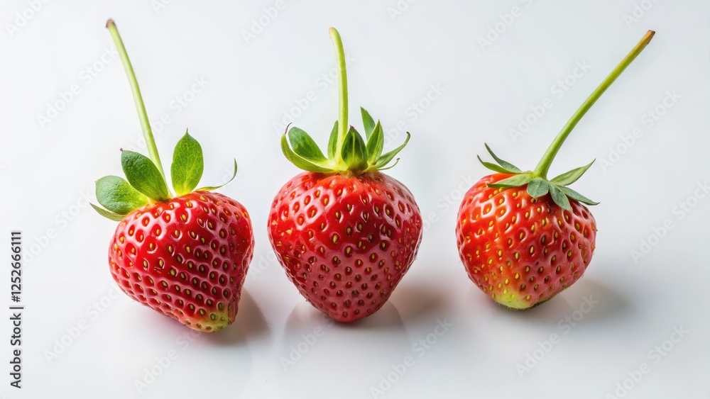 Three ripe strawberries, vibrant red color, fresh from the garden, showcasing their natural beauty and deliciousness on a plain white background. Three ripe strawberries, vibrant red color, fresh from the garden, showcasing their natural beauty and deliciousness on a plain white background.