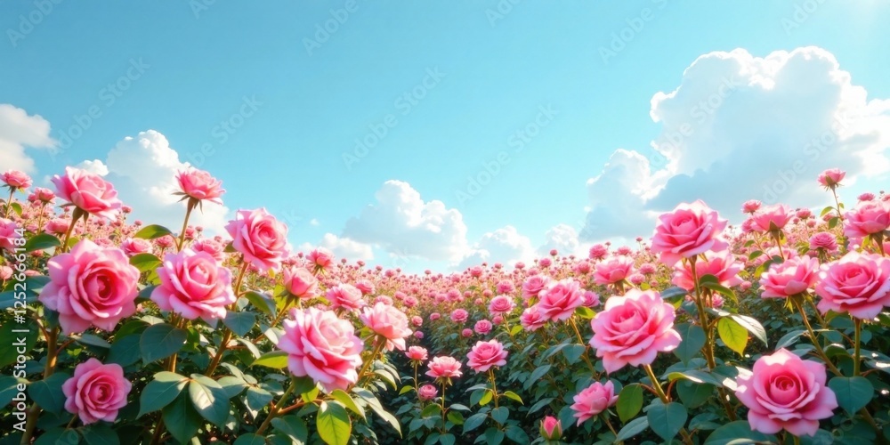 Serene Vista of a Bountiful Pink Rose Garden Under a Summer Sky Serene Vista of a Bountiful Pink Rose Garden Under a Summer Sky
