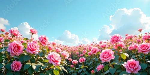Serene Vista of a Bountiful Pink Rose Garden Under a Summer Sky