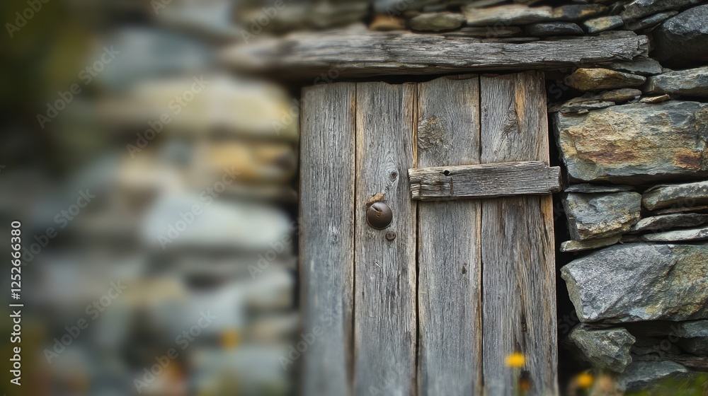 Fototapeta premium Old Rustic Wooden Door with Stone Wall Background in Nature Setting