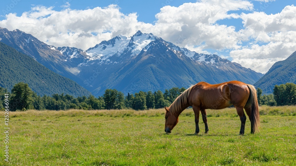 A horse grazing in a field with mountains in the background. A horse grazing in a field with mountains in the background.