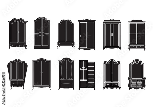 A vector illustration of wardrobe silhouettes with a bold and clean style. Each wardrobe has a unique design, including a sliding door, a double door, a door with a window, a door with a shelf, a door