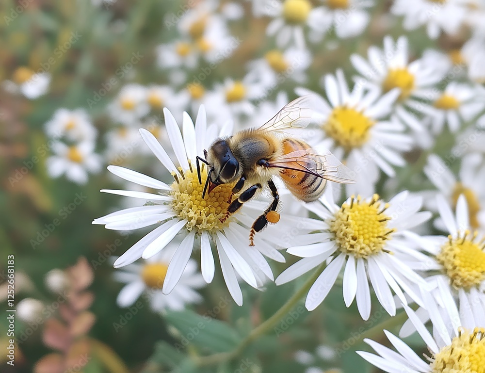 Bee collects pollen from white flower blossoms diligently in a field Bee collects pollen from white flower blossoms diligently in a field