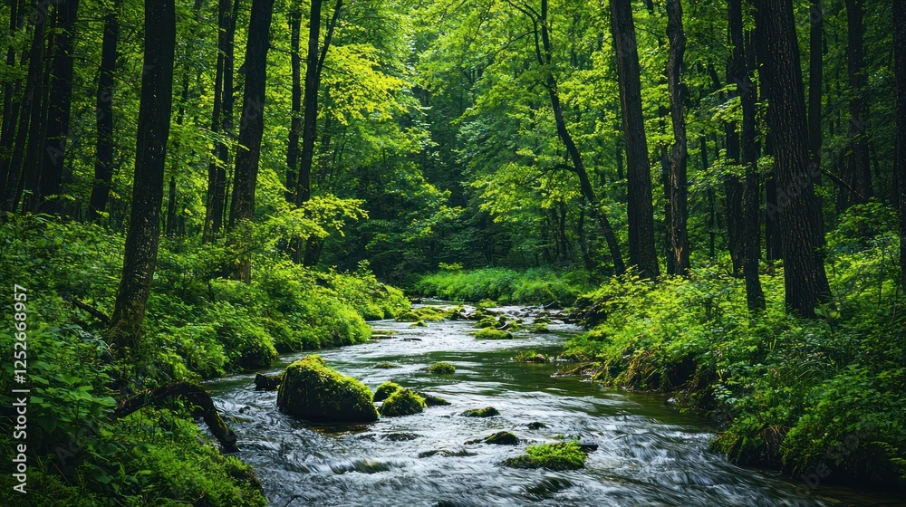 Lush green forest with a winding river running through it. Lush green forest with a winding river running through it.