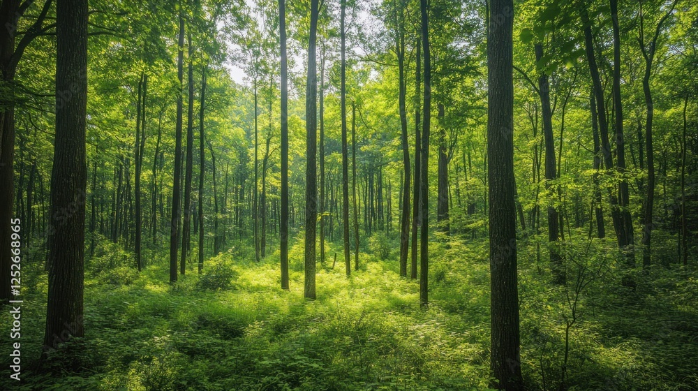Obraz premium Sunlit Forest: A Tranquil Green Haven
