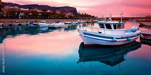 Pink Sunset Harbor Boatscap...