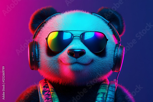 A vibrant, stylized panda wearing sunglasses and headphones, set against a colorful gradient background