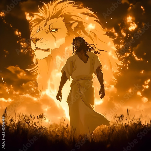 Fiery Lion and Figure Illus...
