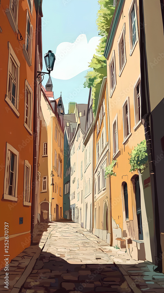 Obraz premium Beautiful quiet alley, Illustration of a beautiful, quiet alley in the city 