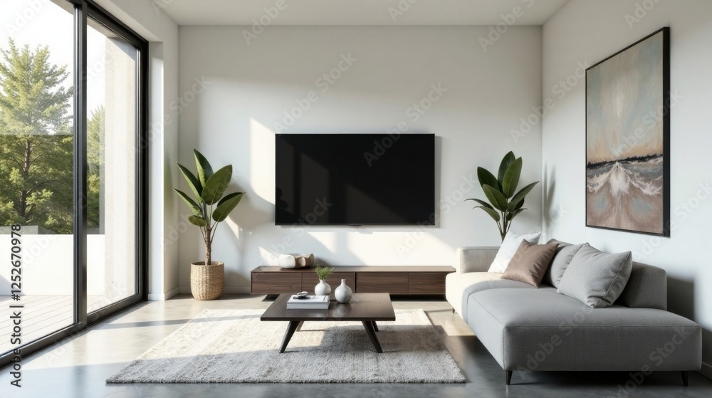 Modern Living Room Interior Design with Flat Screen Television and Neutral Color Palette Modern Living Room Interior Design with Flat Screen Television and Neutral Color Palette