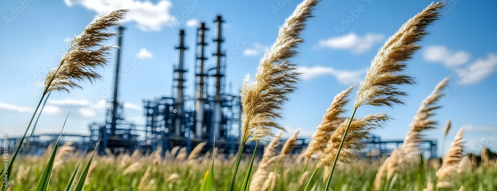 Fototapeta premium Refinery backdrop, grass, wind, sky