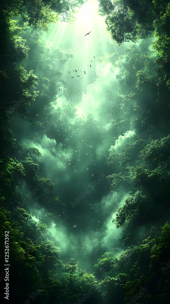 Obraz premium Green Forest Canopy With Glowing Light