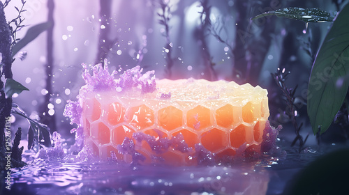 Zero Waste Packaging Mockup Made of Glowing Mycelium Material Resembling a Honeycomb Structure in a Vibrant Natural Setting Representing Ecofriendly Sustainable Design and Organic Innovation photo