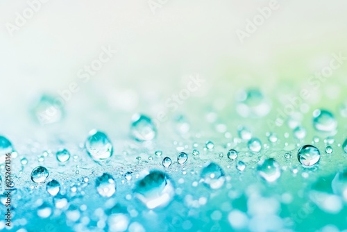 Teal water droplets on soft surface, blurred background, refreshing design