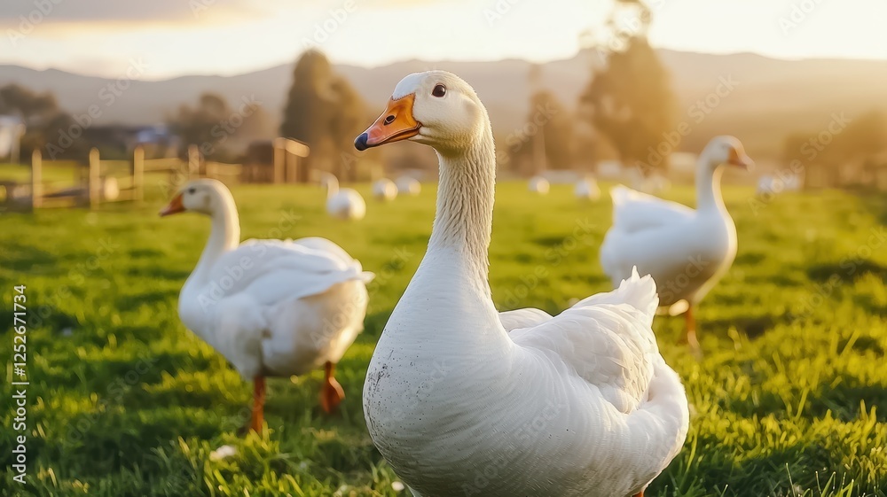 A serene scene of white ducks grazing in a grassy field during golden hour, with soft sunlight illuminating the landscape. A serene scene of white ducks grazing in a grassy field during golden hour, with soft sunlight illuminating the landscape.