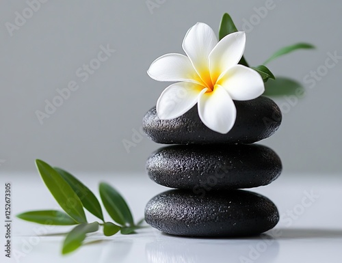 Serene Stacked Stones with Blooming Flower and Lush Greenery: Achieving Inner Peace through Mindfulness and Nature's Beauty