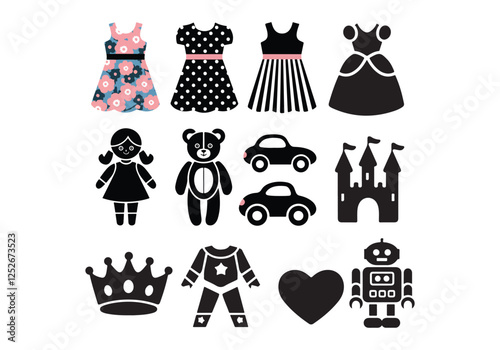 A vector illustration of a set of kids' dress and toy silhouettes. The first silhouette is of a child wearing a dress with a floral pattern and holding a toy unicorn. The second