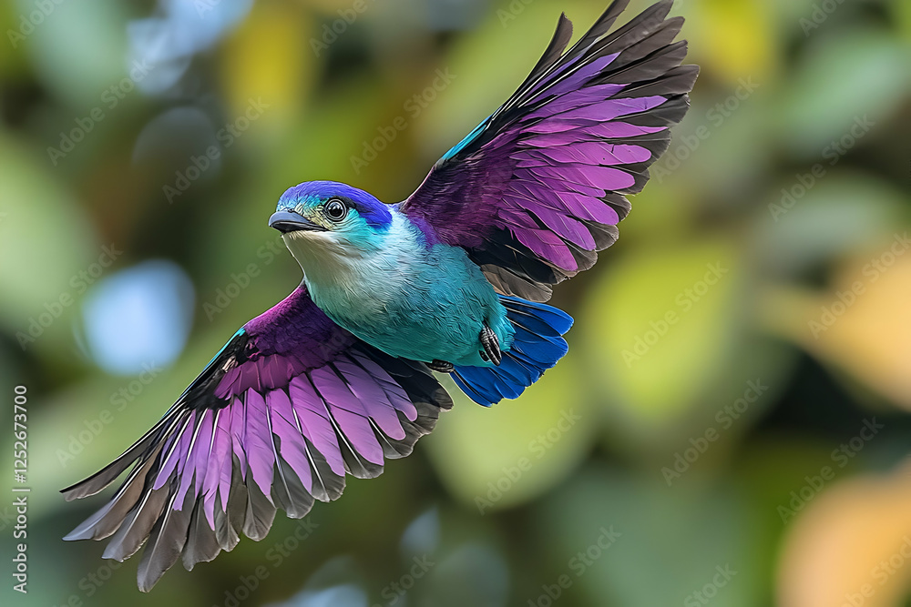 Colorful Bird In Flight Against Natural Background Colorful Bird In Flight Against Natural Background
