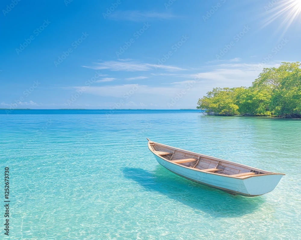 Naklejka premium Traditional Wooden Fishing Boat Anchored in Tropical Waters