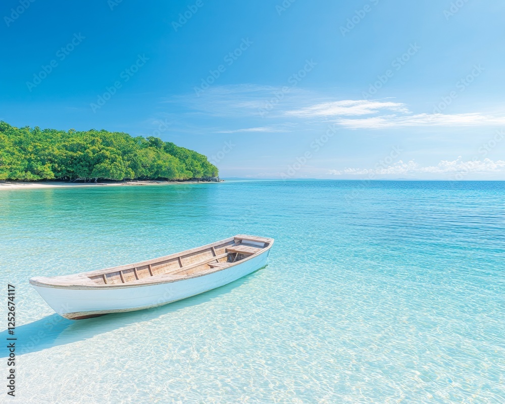 Naklejka premium Traditional Wooden Fishing Boat Anchored in Tropical Waters