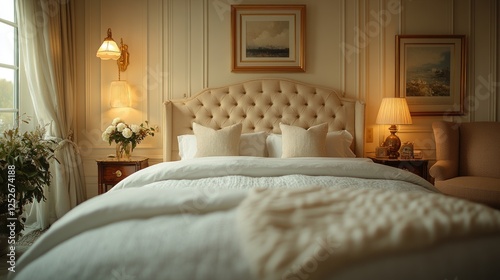Luxurious Bedroom Interior Design: Elegant Cream Bed, Soft Lighting, and Tranquil Atmosphere