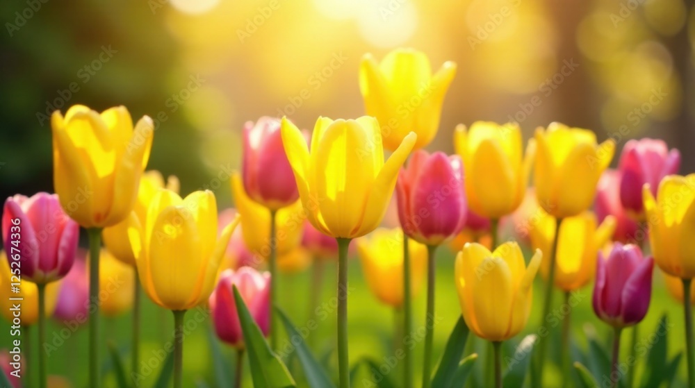 Obraz premium Golden Hour Blooms A Field of Vibrant Yellow and Pink Tulips Basking in the Warm Sunset Light